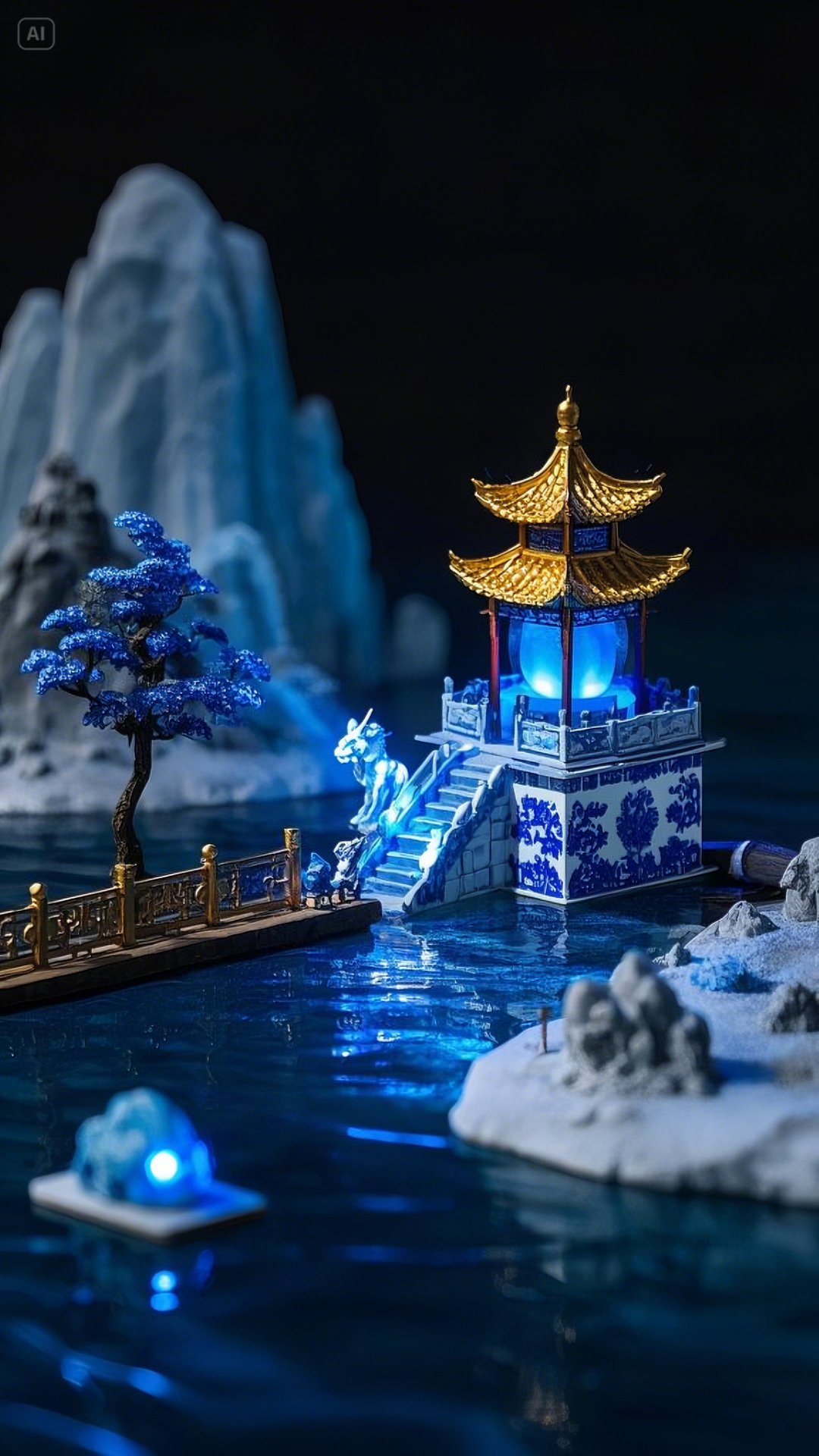 在微缩的东方世界里,亭台楼阁闪耀着金红光芒,与蓝白山水相映成趣