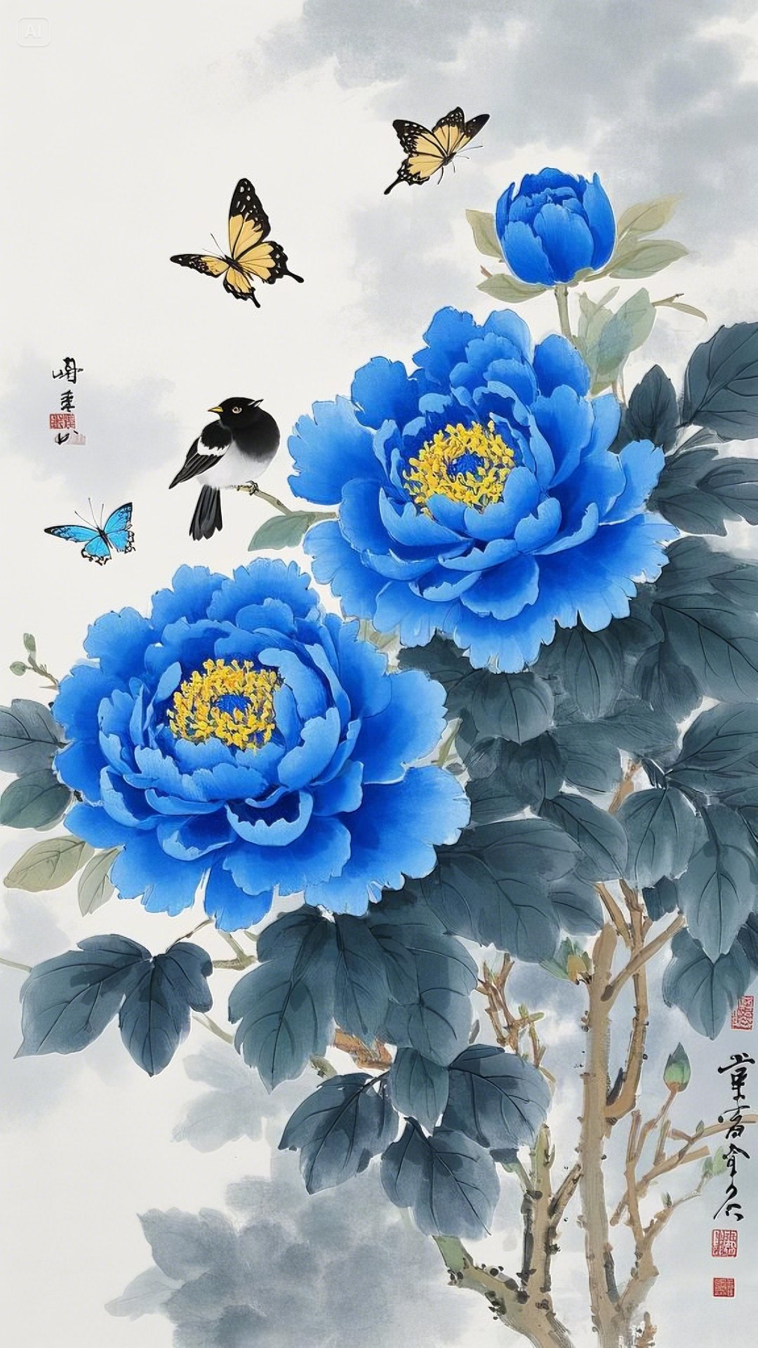 蓝色牡丹明艳动人,鹊立枝头,一幅#春节连更计划# 祥瑞景象