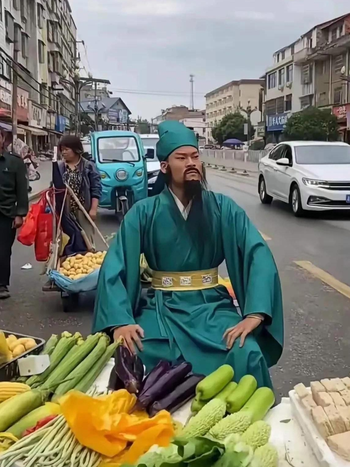 关老爷卖菜任你选,那么老刘鞋店任你穿,张飞肉铺随便挑,哥儿仨本来就