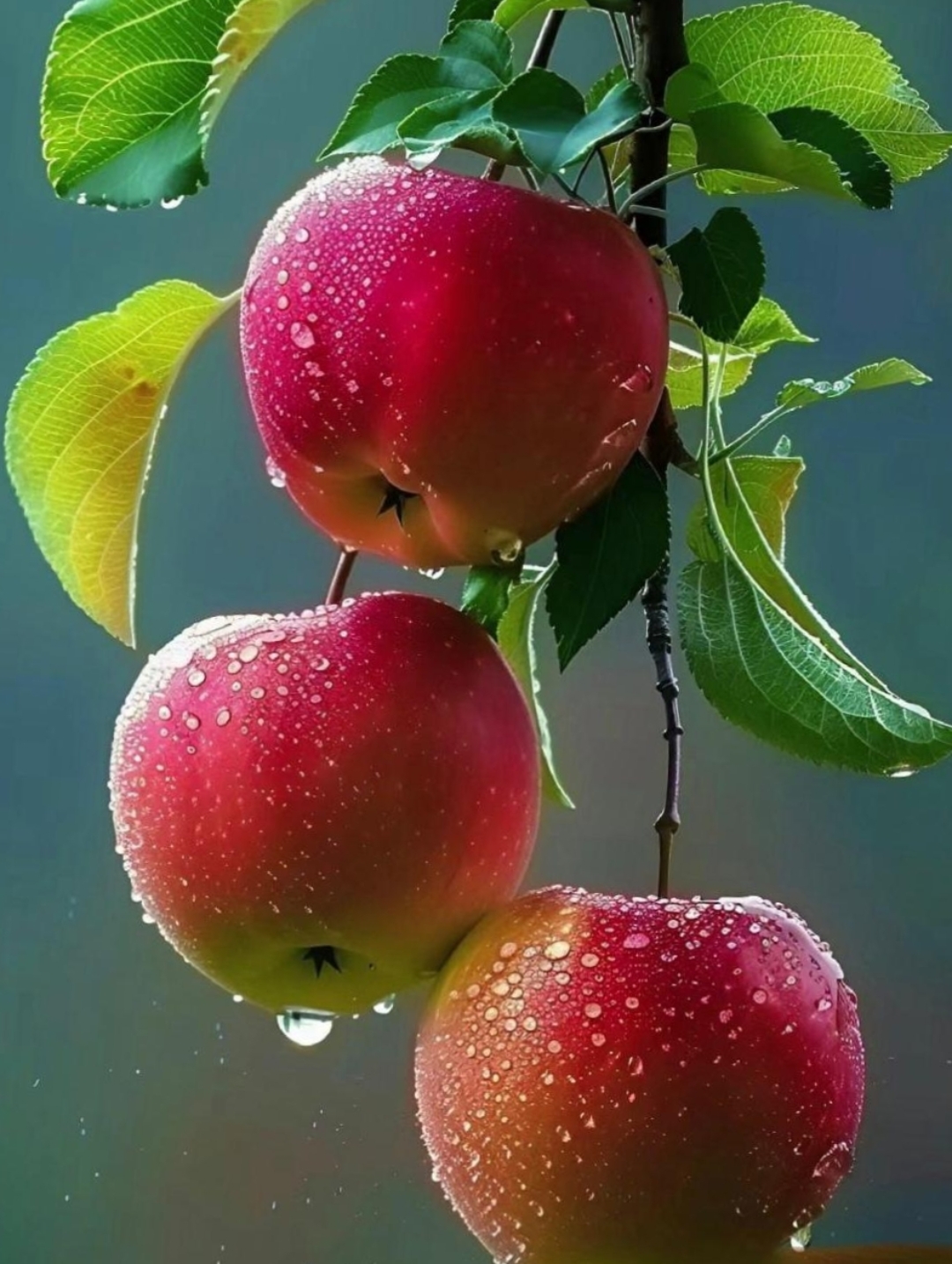 今天中下午大雨过后来到广场散步,看到红红的苹果还挂满水珠,想摘一个