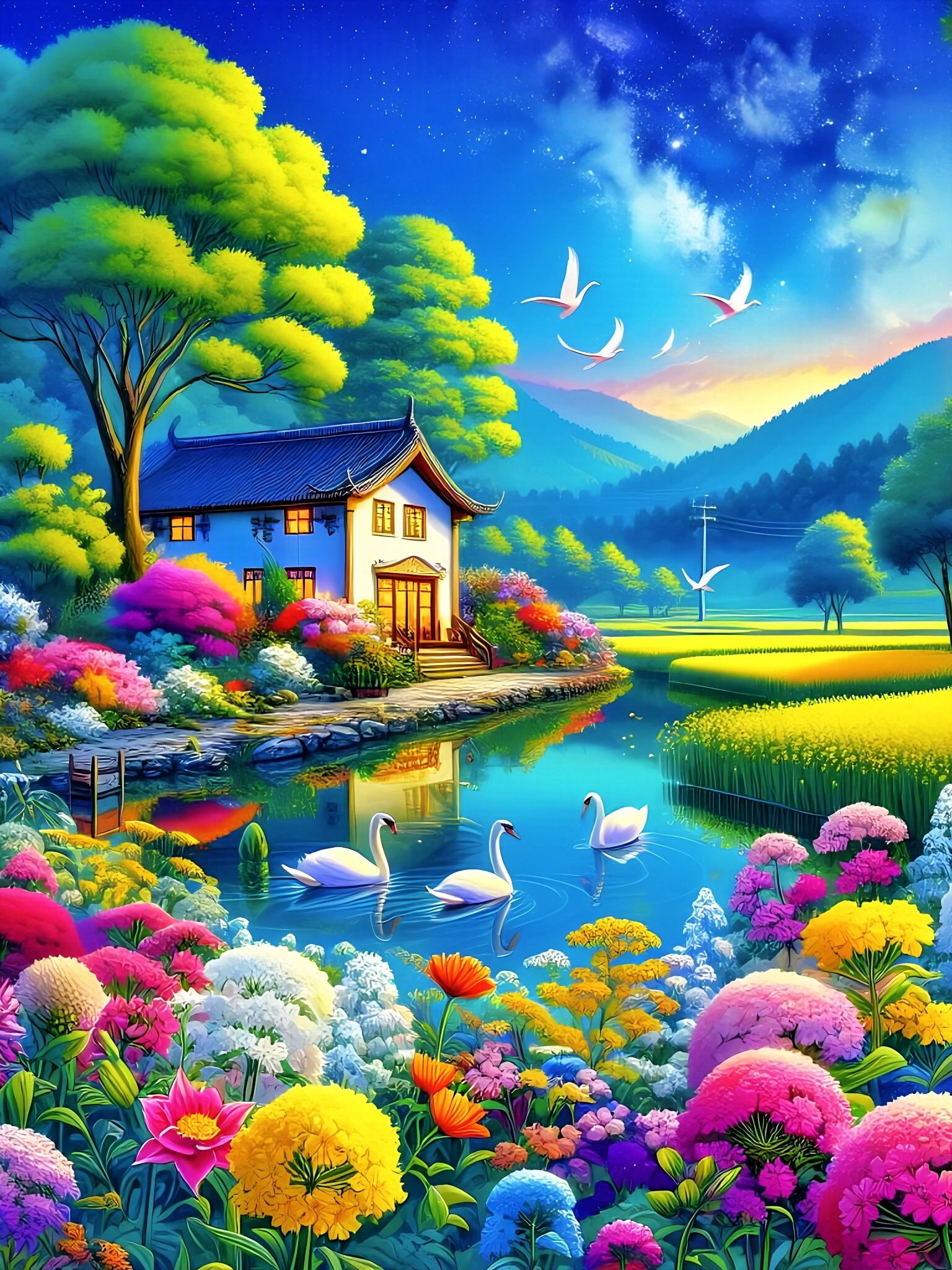 色彩斑斓的花园,宁静的湖泊,还有那座小房子,简直就像童话里走出来的