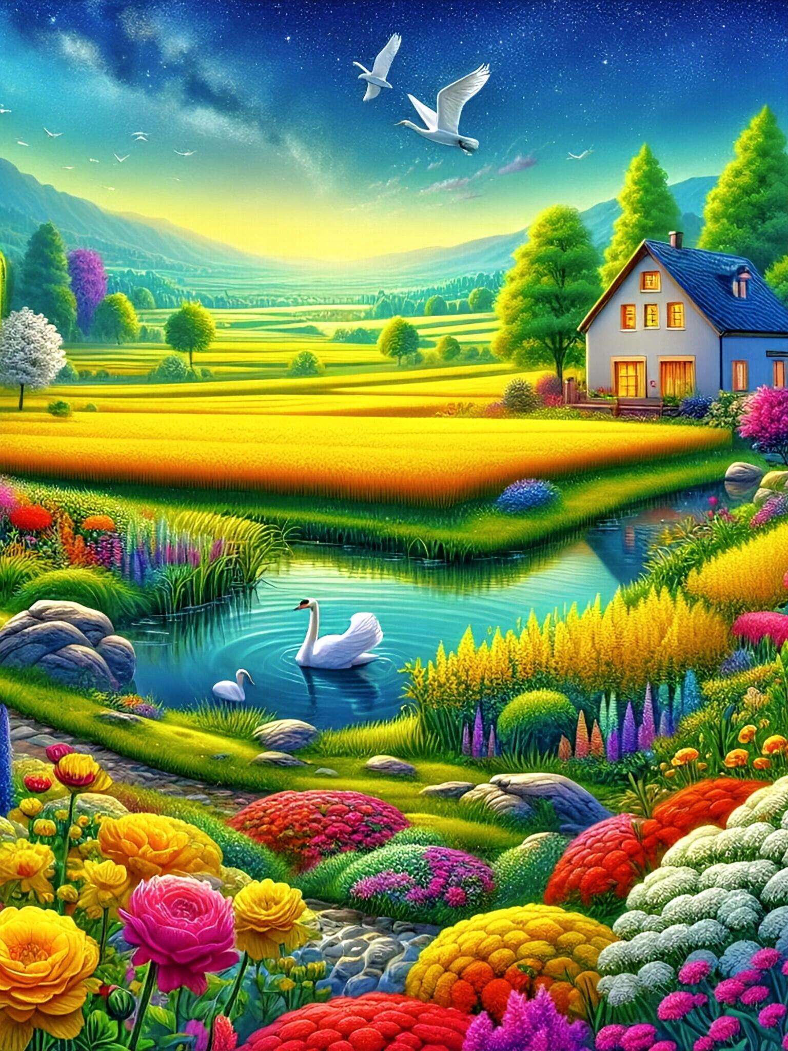 色彩斑斓的花园,宁静的湖泊,还有那座小房子,简直就像童话里走出来的