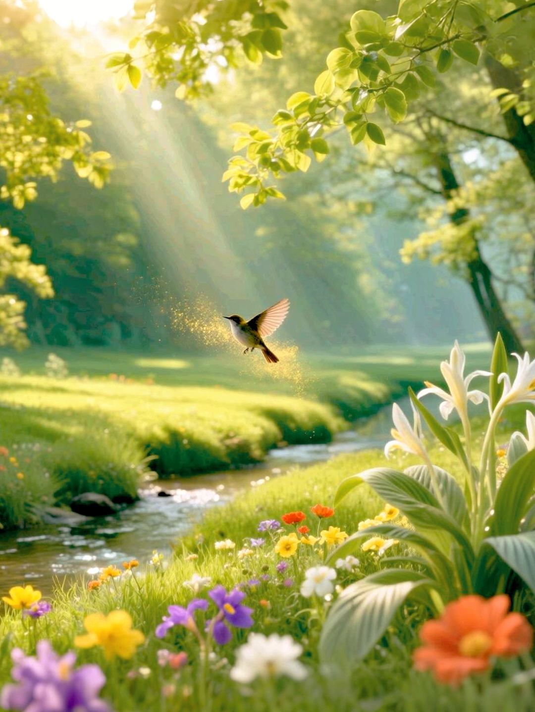 清晨的阳光洒在脸上,暖洋洋的,我沿着小溪散步,花香袭人