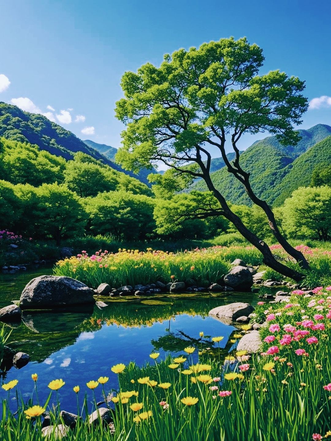 这山里的春天也太美了吧,粉色的樱花和郁金香争相开放,让人忍不住想置