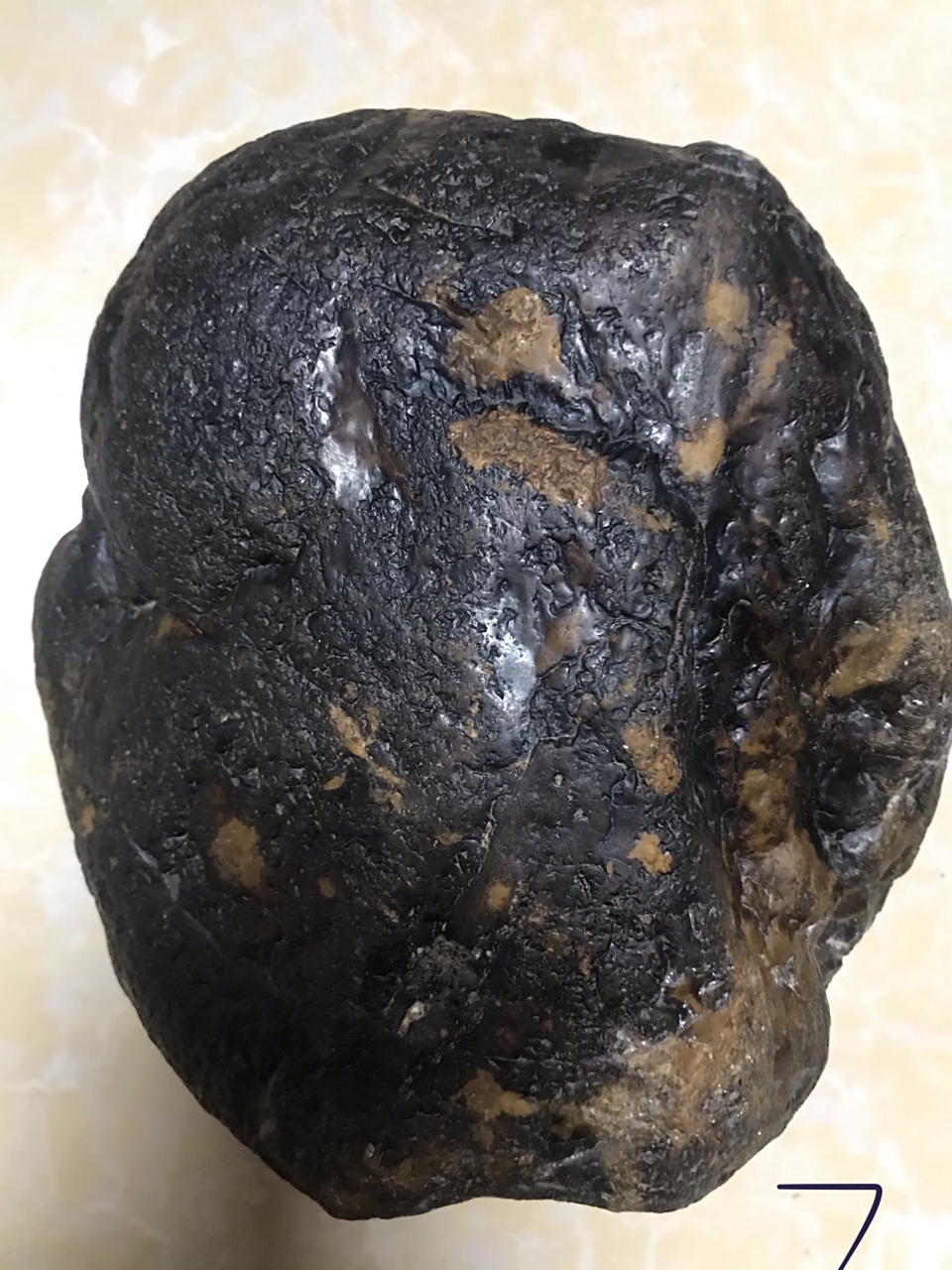 熔壳鲜亮的碳质陨石,7斤,弱磁,发现于广西灵山.