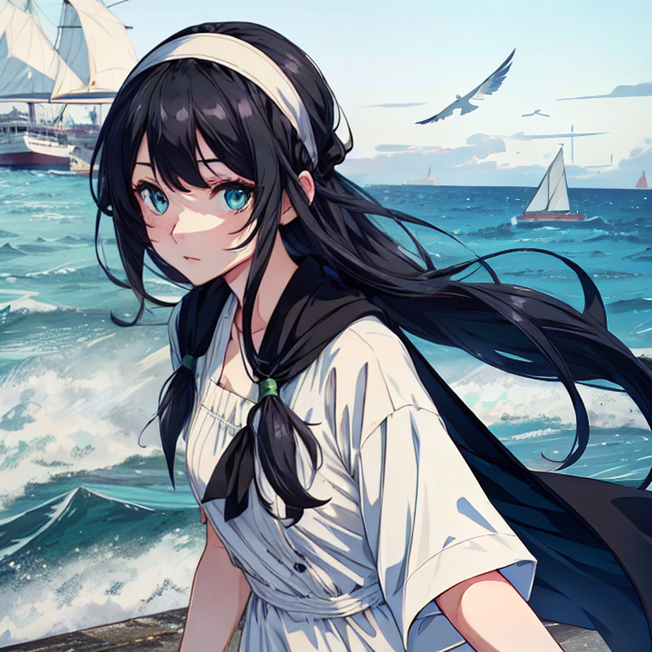 "在这片浩渺的海边,有一位蓝眼白发的二次元美少女