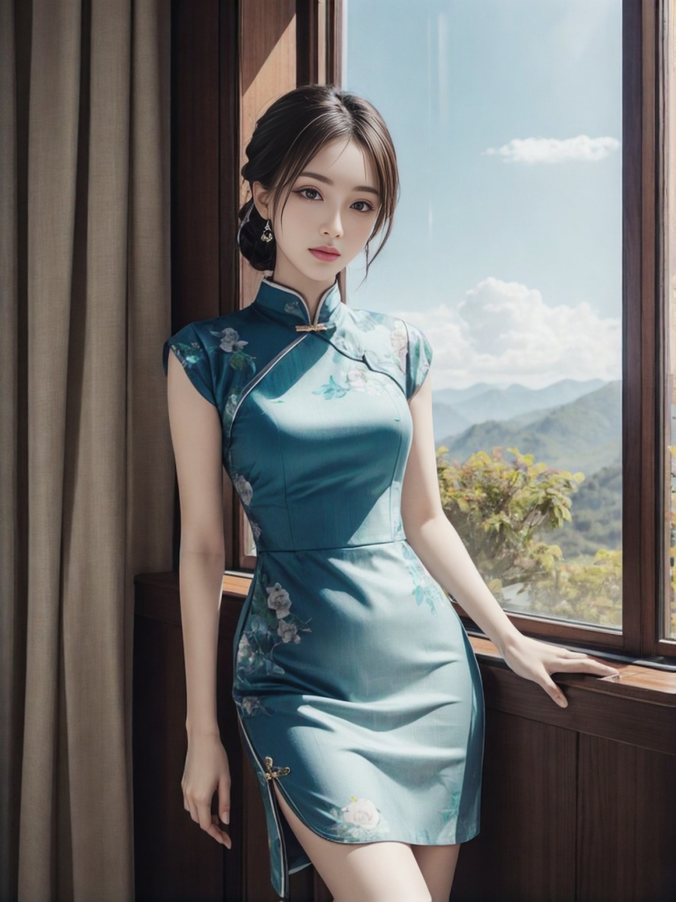 优雅宁静的旗袍女子仿佛被一股优雅宁静的气息包围.