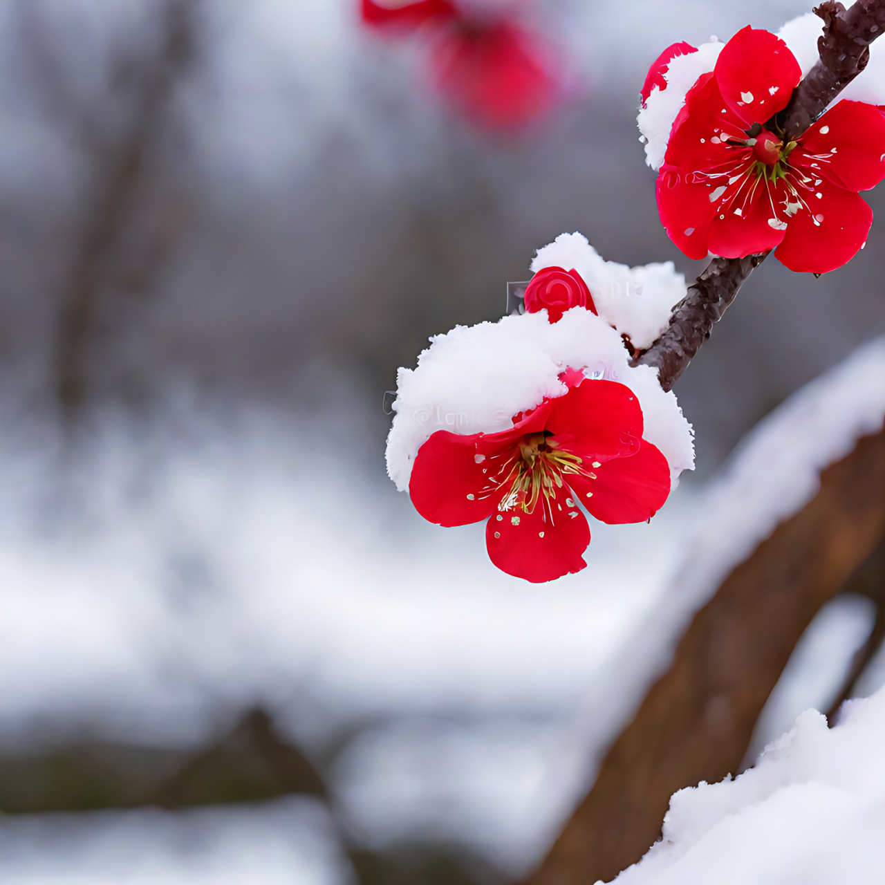 这棵被雪覆盖的梅花树,仿佛是大自然的一幅水墨画,既有梅花的傲骨,又