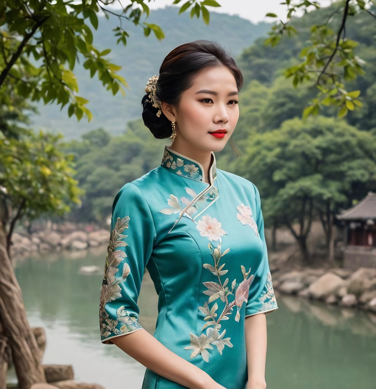 旗袍美女,绣花精致,身材曼妙,知性优雅.交谈间,如沐春风,心旷神怡.