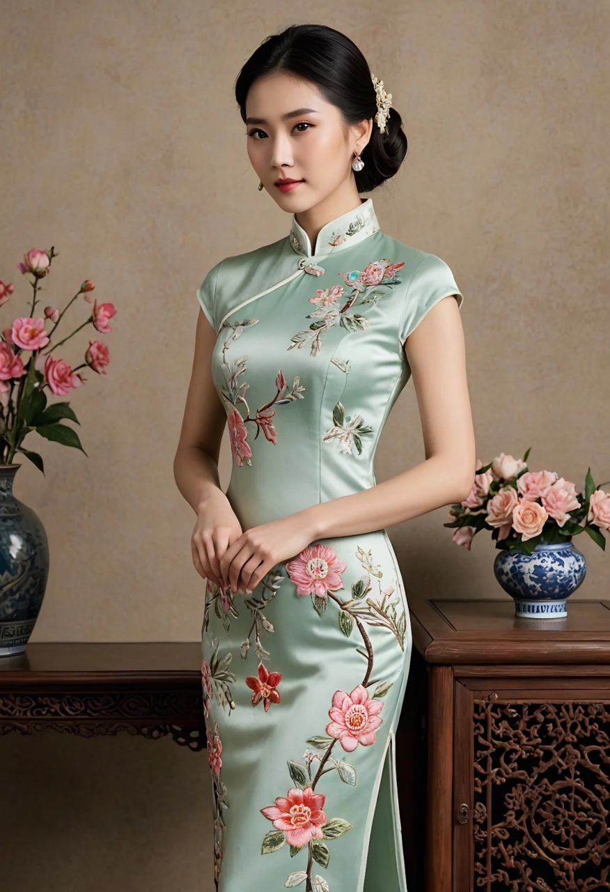 旗袍女子韵味浓,优雅气质与生同. 身姿曼妙曲线美,步履轻盈舞翩跹.