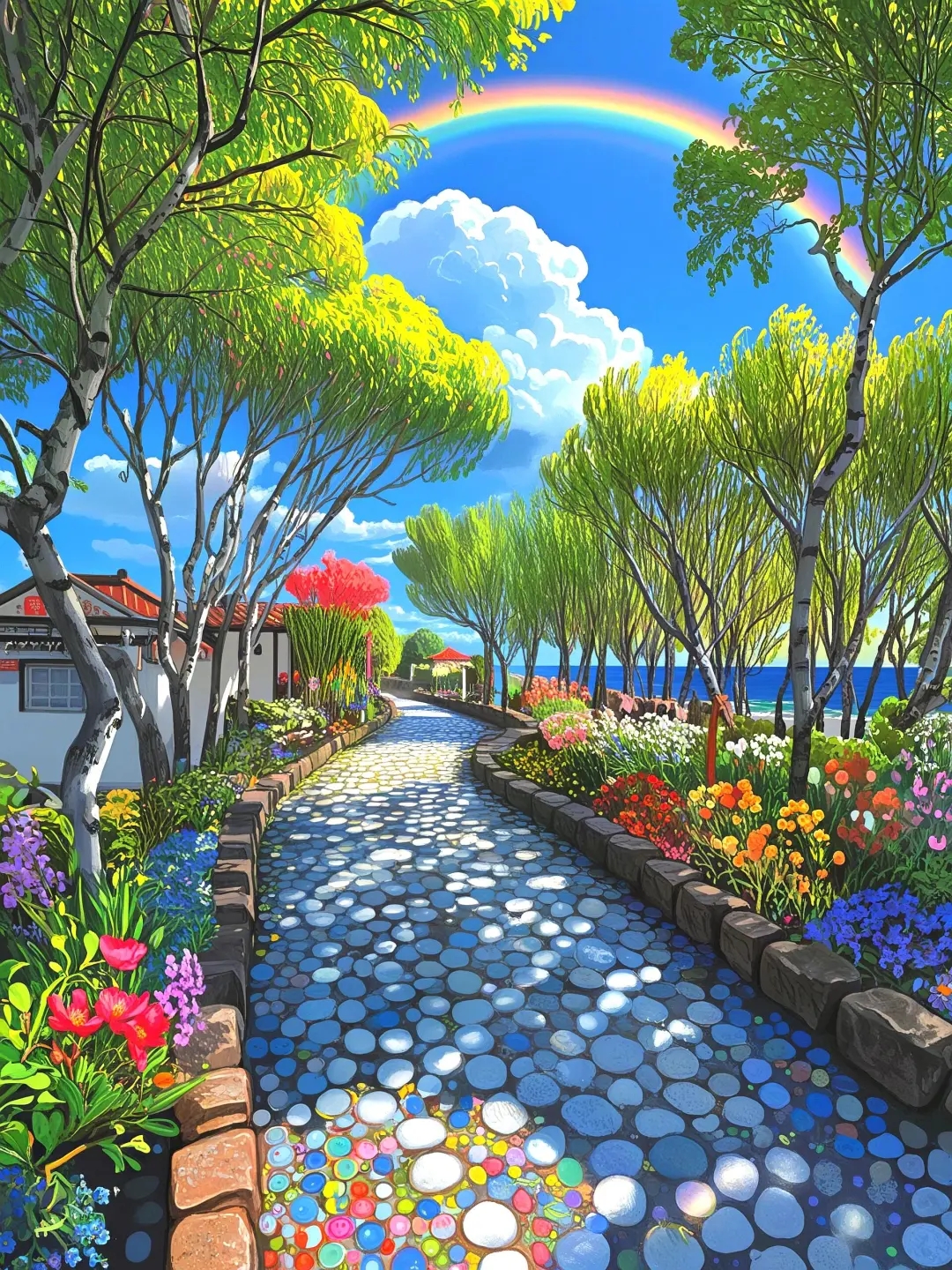哇,这条铺满五彩石的小路,带我走进了童话世界,远处还有彩虹呢!