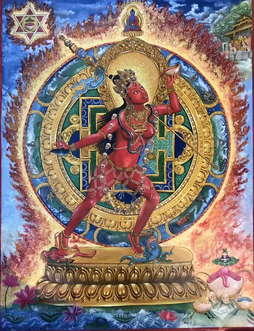 尼泊尔唐卡巴 尼瓦尔newari唐卡《金刚瑜伽母》 此幅作品由尼泊尔