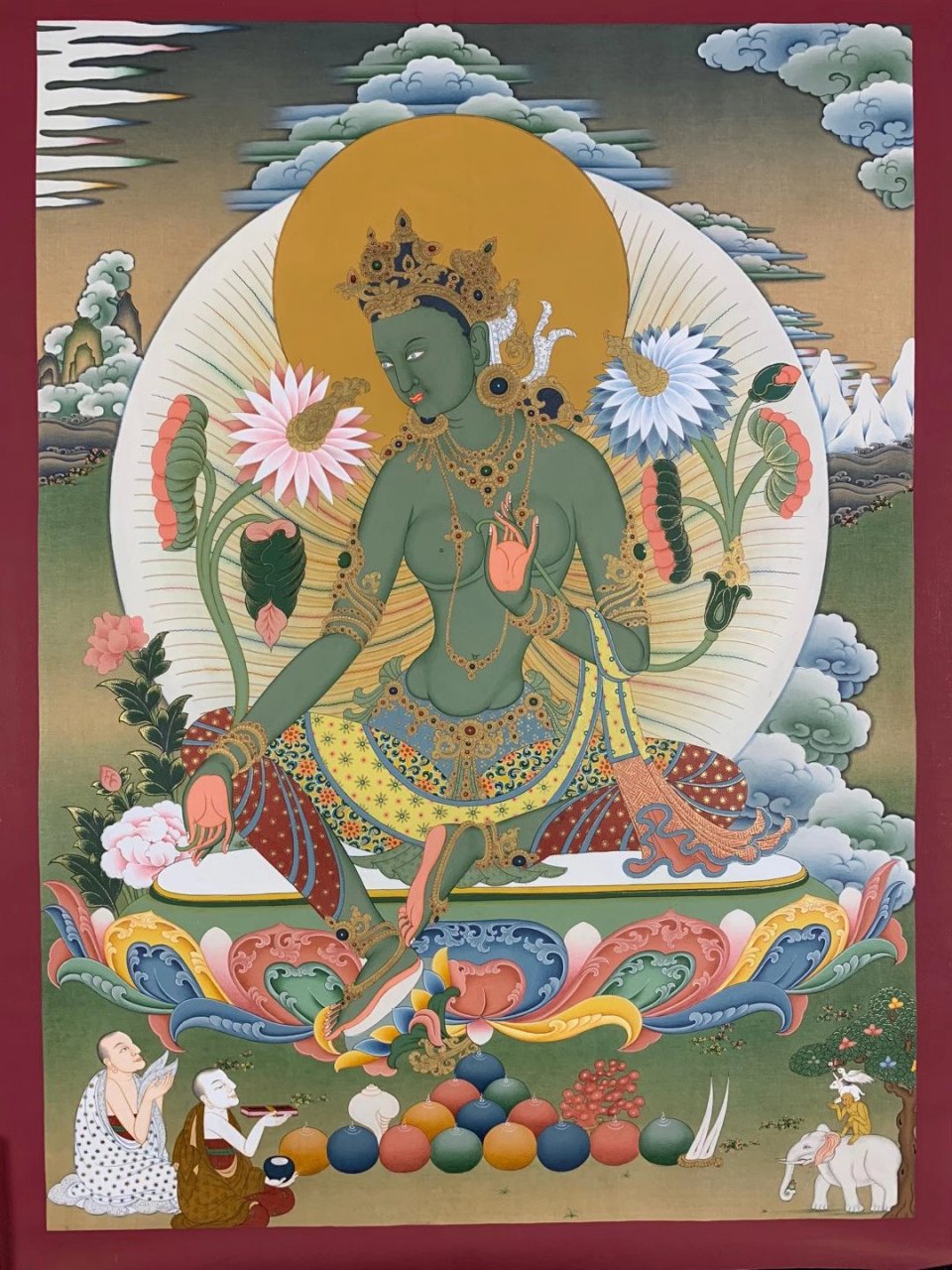 尼泊尔精品绿度母唐卡 尼泊尔著名唐卡大师帕桑多杰最新作品,纯金纯矿