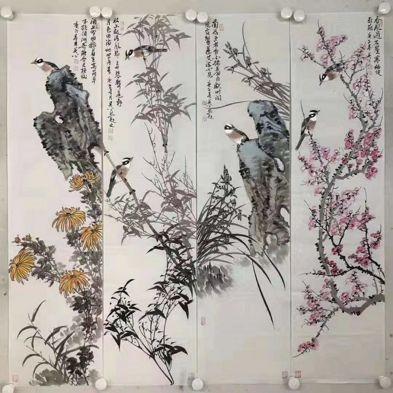 《梅兰竹菊花鸟四条屏》138*35cm*4,祝英公,又名祝庆刚,卧游山庄主人.