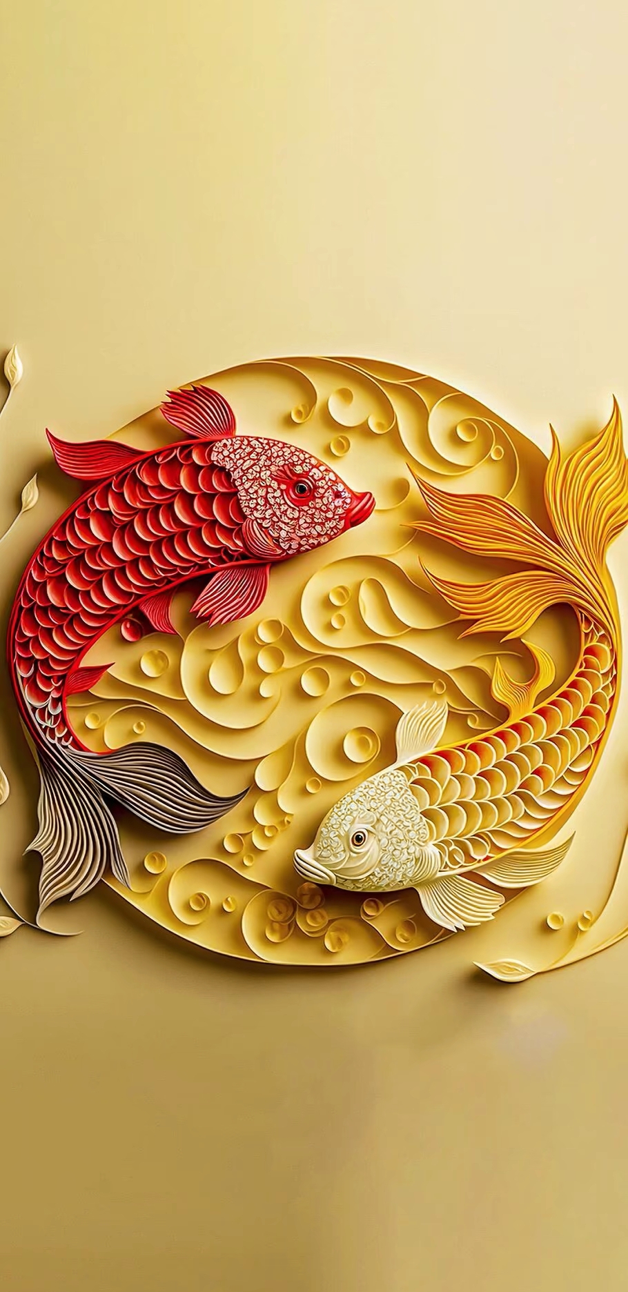 在这幅3d画面中,两只金色的鲤鱼在圆形水波中游动,仿佛是水中的精灵