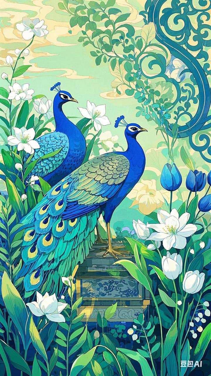"在这幅画中,我仿佛听到了自然的交响乐,两只孔雀在绿意中翩翩起舞