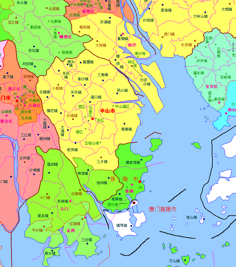 若广州的南沙划中山; 中山的坦洲,神湾划珠海; 珠海的横琴,桂山给澳门