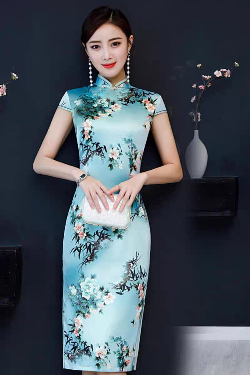 早春新款高端国际大牌真丝桑蚕丝民族风旗袍中长款开叉淑女气质裙#4月