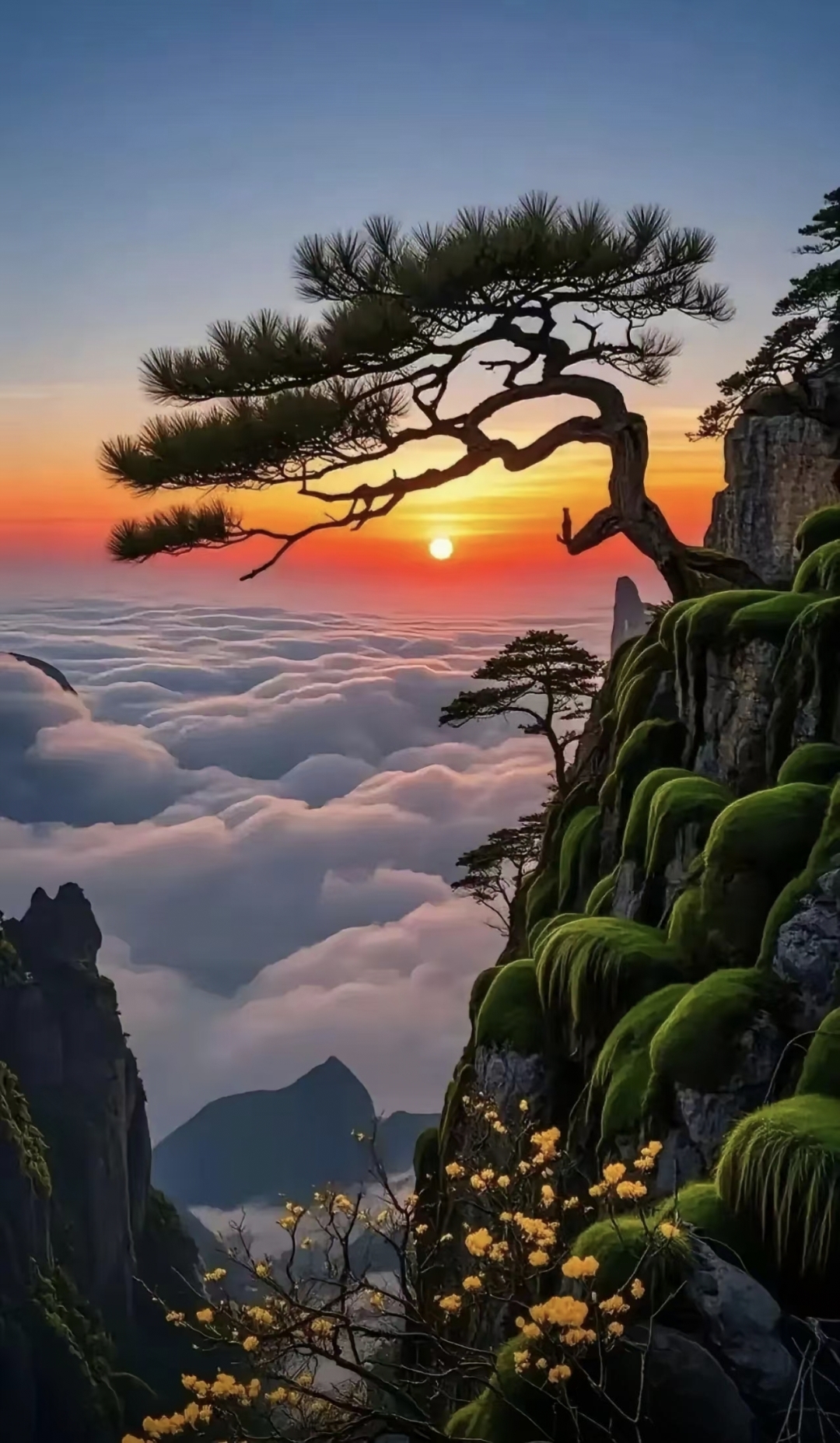 哇,这棵松树在山顶上看日出,云海翻腾,美得让人屏息!