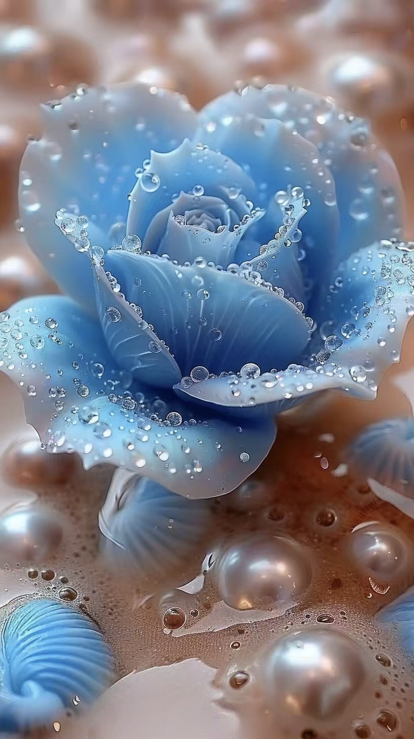 哇,这朵蓝色的玫瑰花配上珍珠,美得让人窒息!