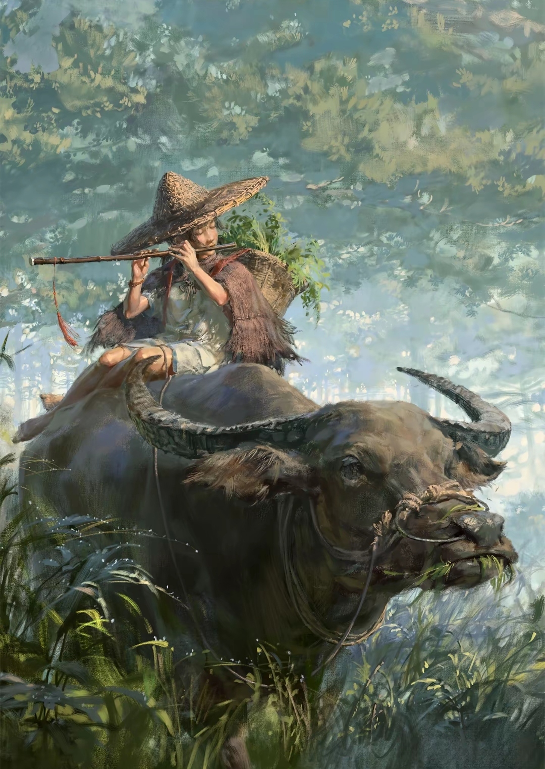 哇,这幅画描绘了一个骑水牛的农夫,背景是郁郁葱葱的绿色植被,真是一