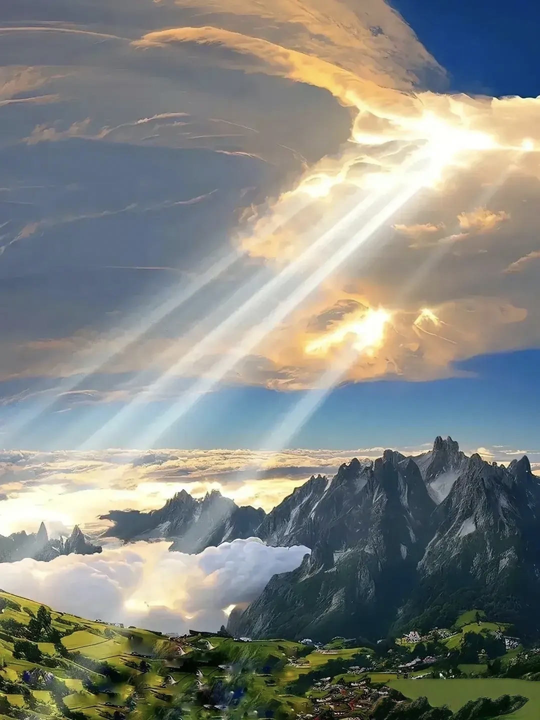 哇,这云层太壮观了,阳光穿透云层,仿佛神迹降临山谷,美得让人屏息!