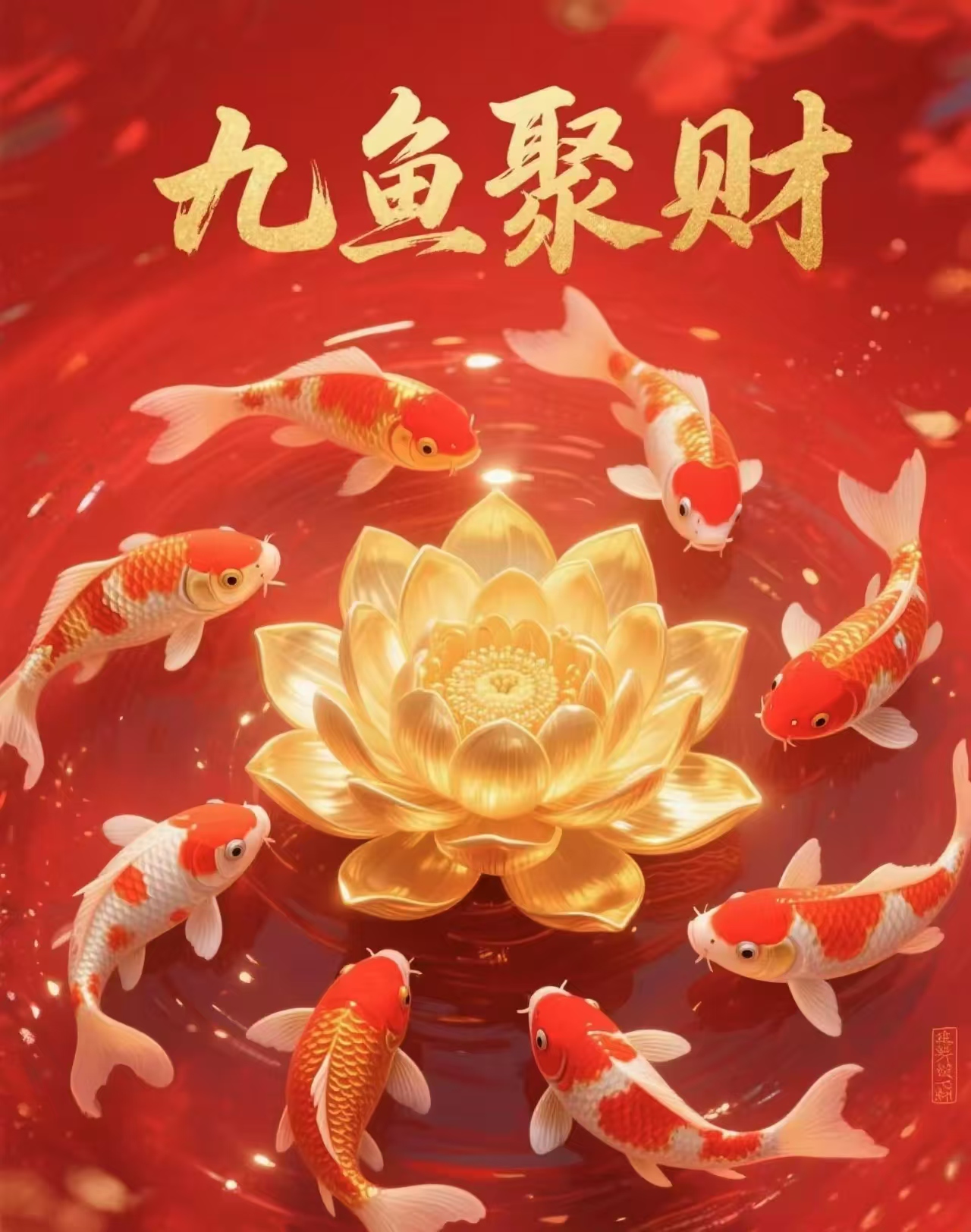 九条锦鲤游来聚财气,金莲花绽放带来好运