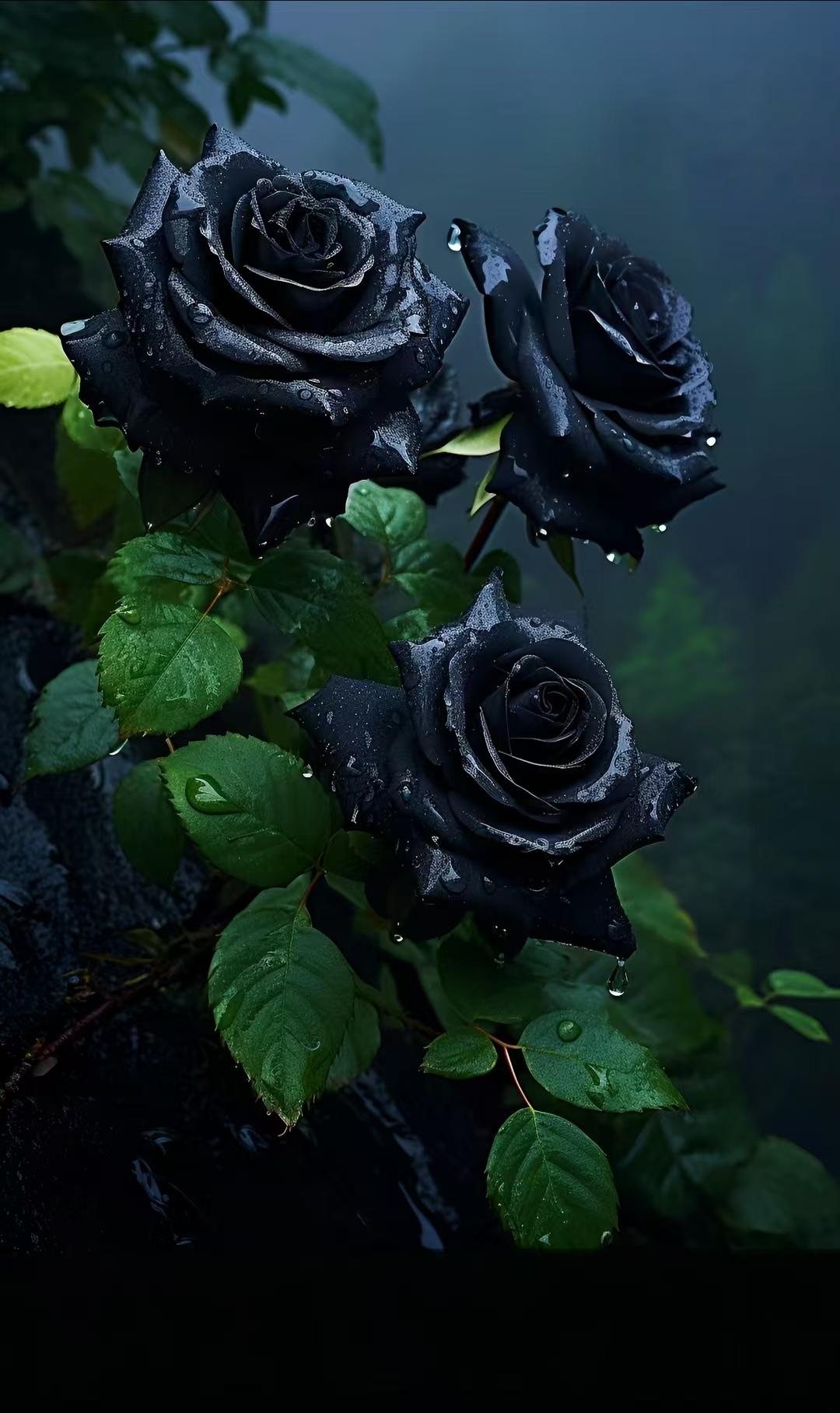 雨中漫步,偶遇三朵滴着露珠的神秘黑玫瑰,惊艳了我的清晨