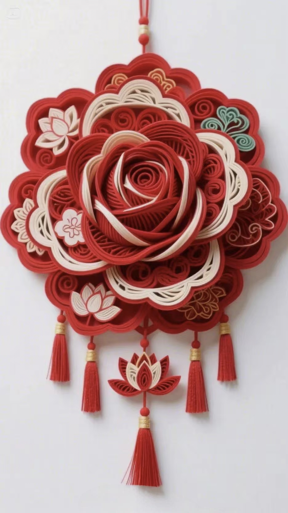哇,这朵纸艺玫瑰花挂件真是太美了,挂在墙上增添了不少艺术气息,红色