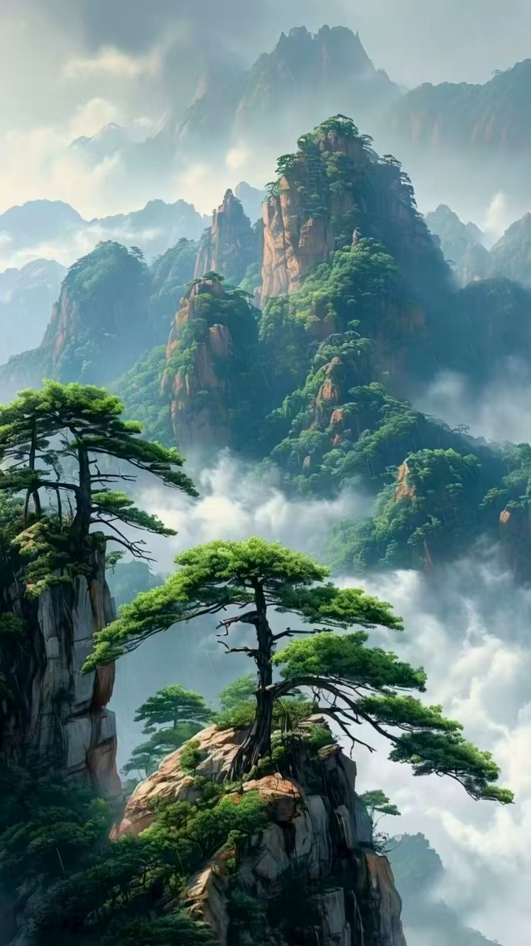 哇,这山景美得让人窒息,松树挺拔,云雾缭绕,仿佛置身仙境