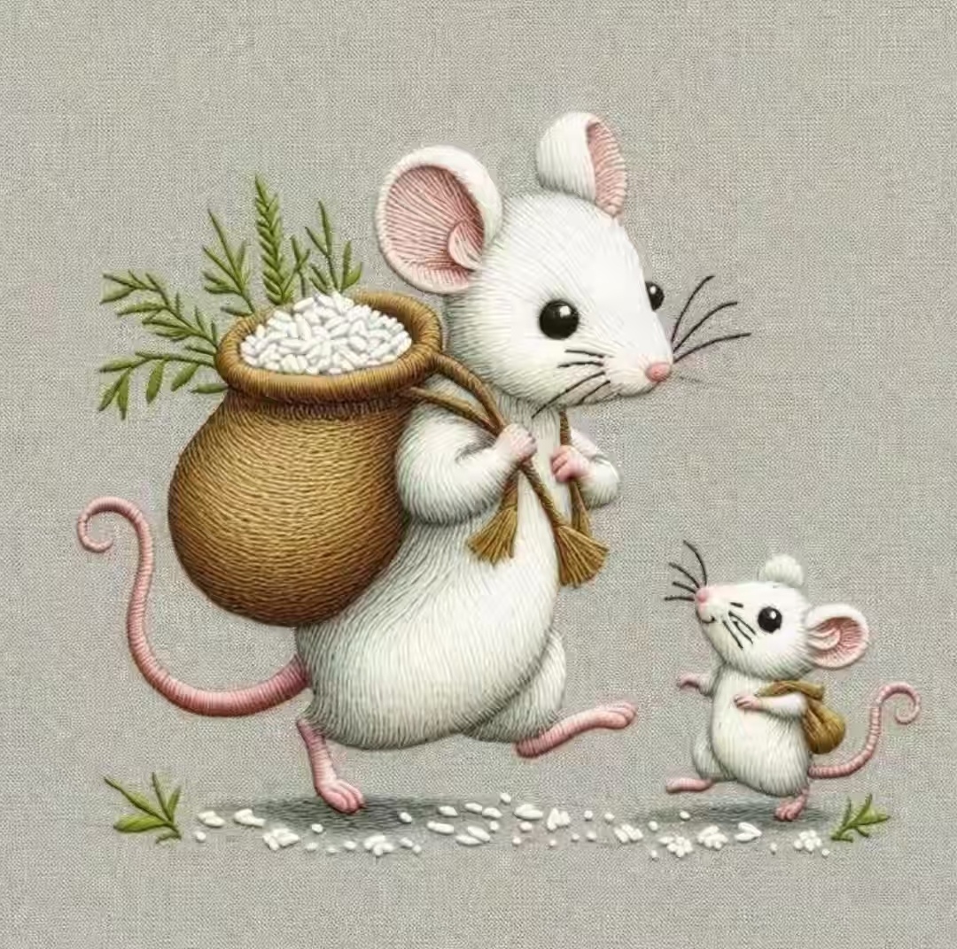 两只可爱的小老鼠,背着粮食开心走,真是一幅温馨的场景呢!