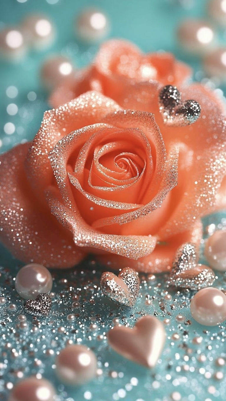 哇,这朵闪耀着梦幻光泽的玫瑰花,搭配着珍珠和心形装饰,真是太美了!