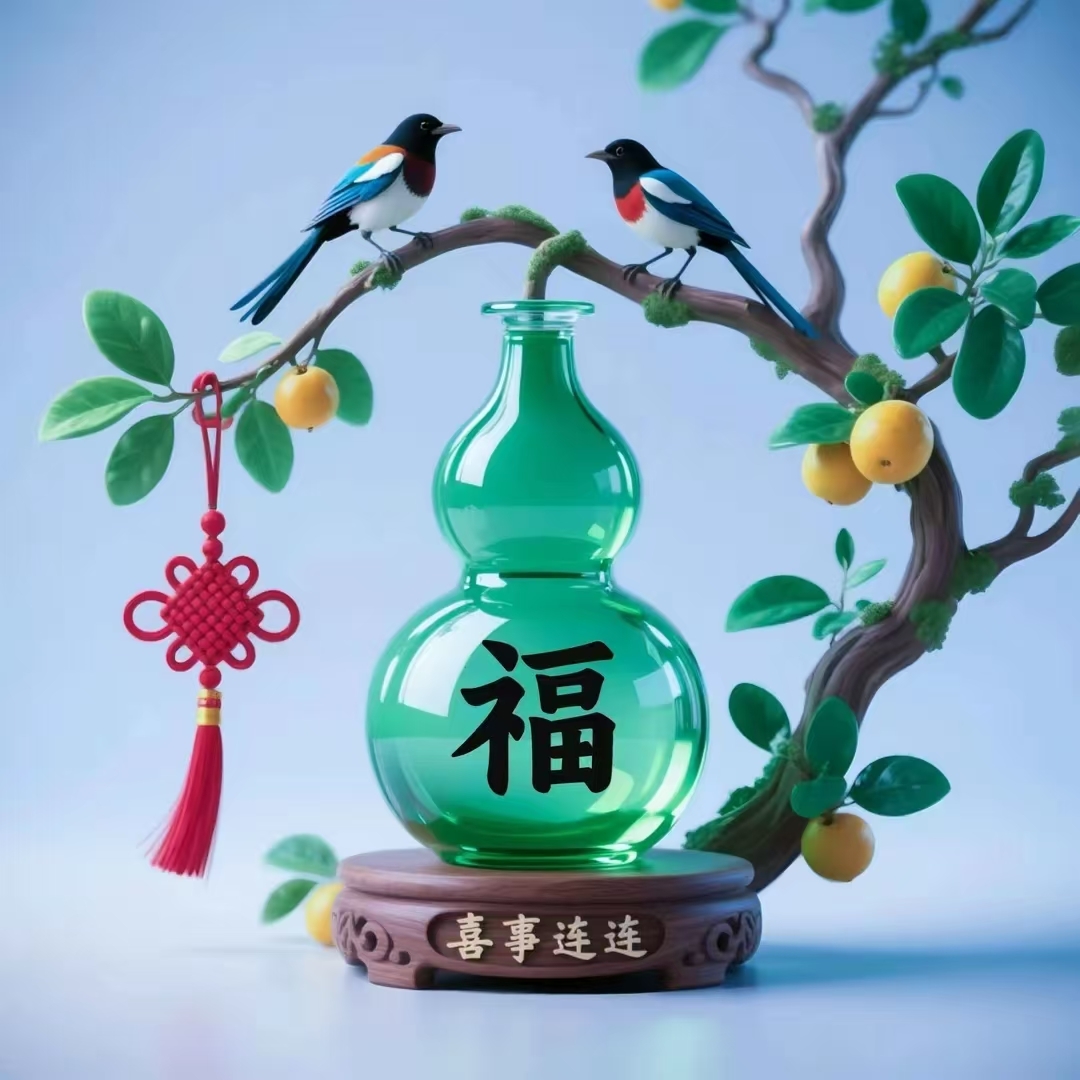 喜事连连,看这两只鸟儿,一个飞到福瓶上,一个停在