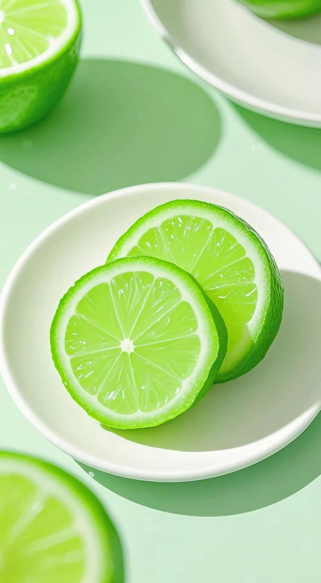 全屏壁纸/清新酸爽,一盘切开的青柠在绿色背景前,让人忍不住想咬一口!