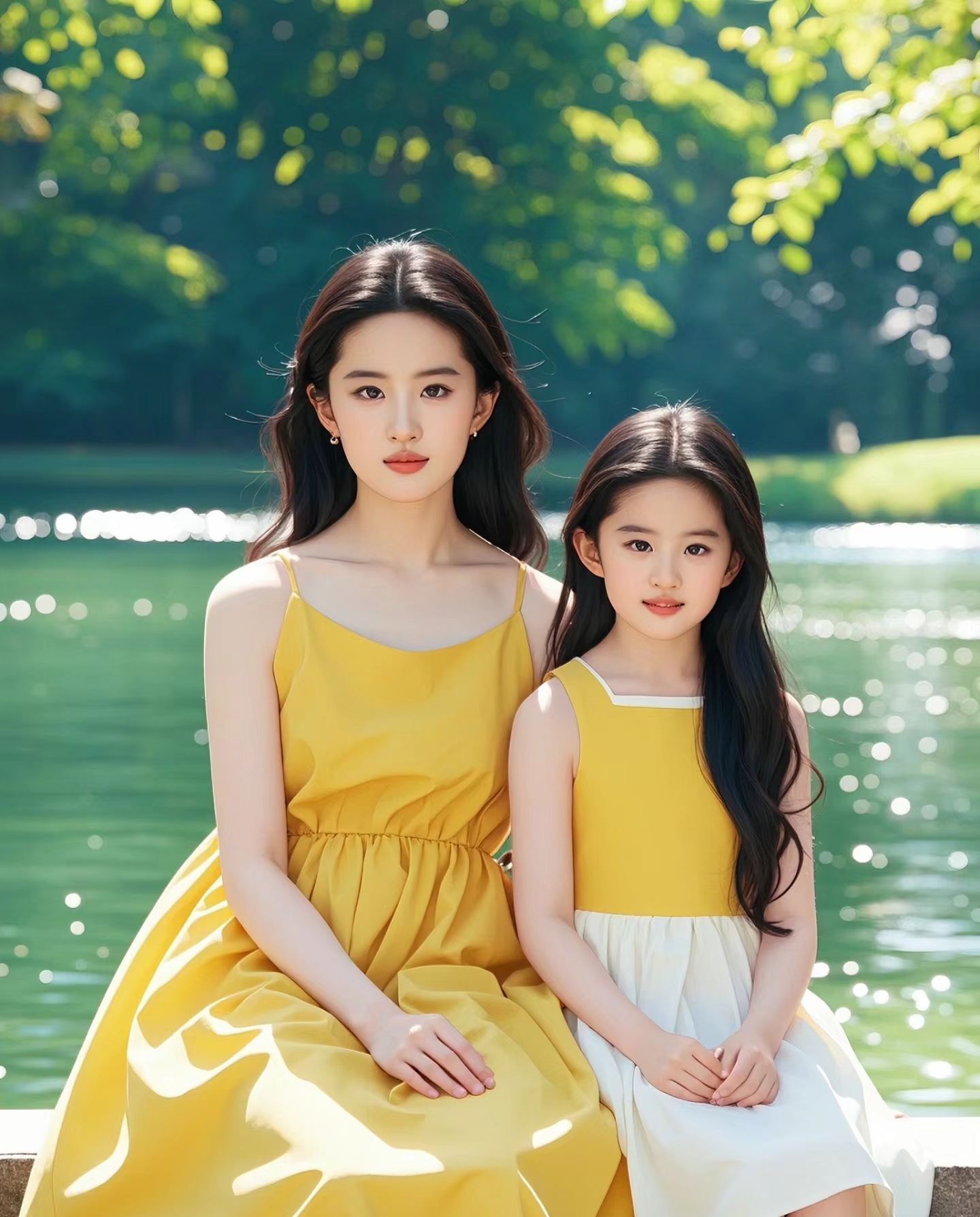 刘亦菲和她的女儿,湖边静谧的时光,如诗如画.爱s神仙姐姐