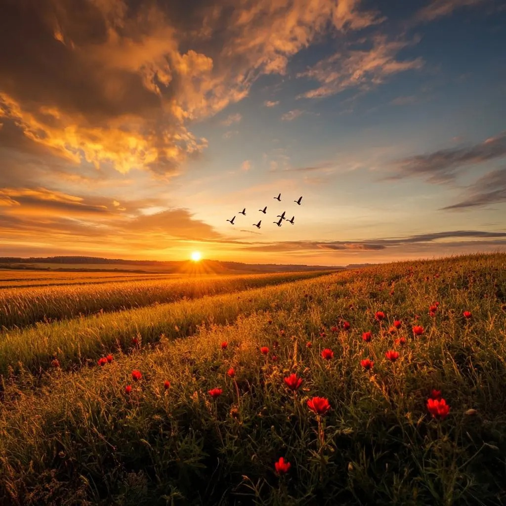 广袤田野铺展向远方,一边是成熟待收的庄稼,泛着金黄,一边是摇曳生姿