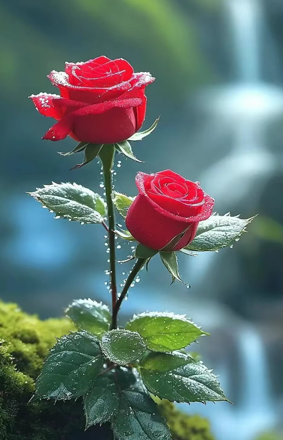 雨露润泽,红玫瑰盛放,生机盎然.#我的百度记忆