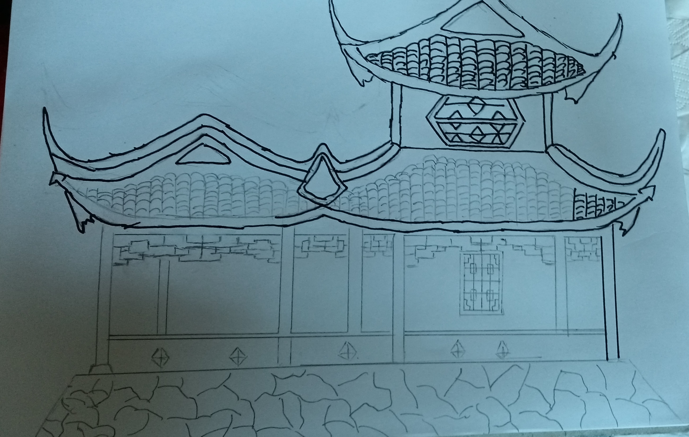 白描古风建筑