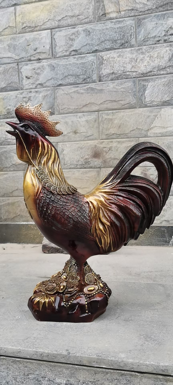铜公鸡摆件招财铜公鸡仿真玻璃钢鸡雕塑户外景观动物摆件
