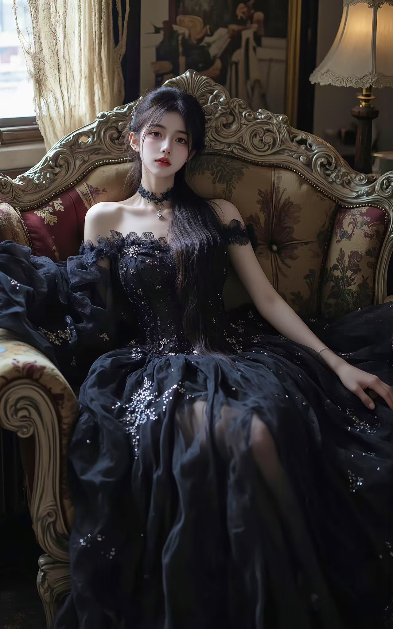 你穿着黑色长裙坐在沙发上,气质优雅,仿佛从古典画中走出的美人