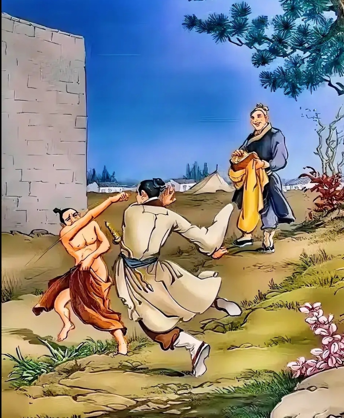 右侧屹立的青衣侠盗趁机将他所穿衣物全都偷走.