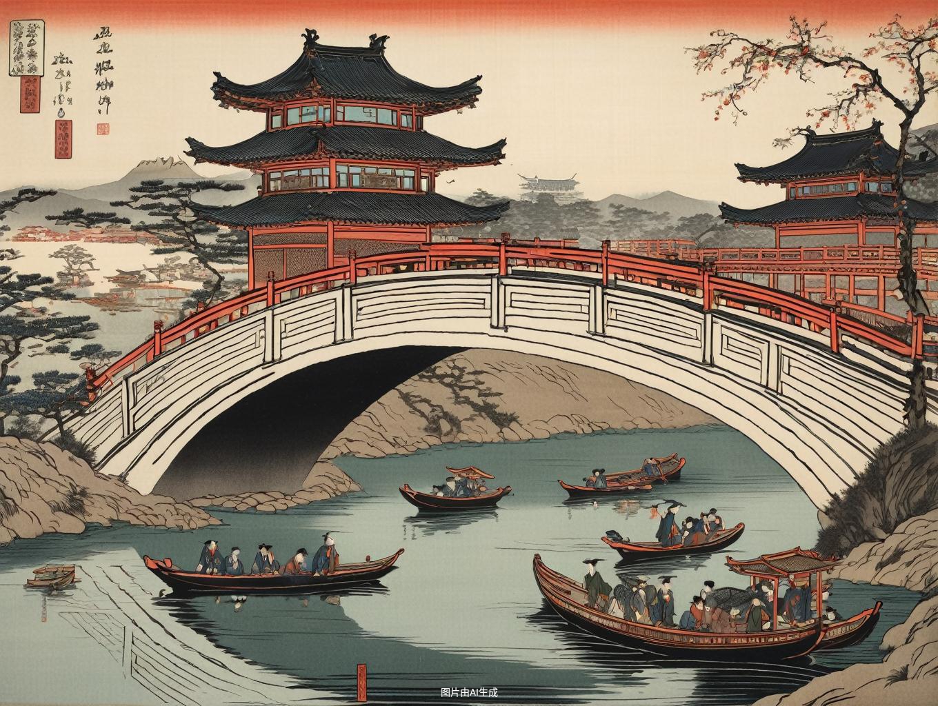 古风桥畔,波光粼粼,画舫悠悠,时光静好.