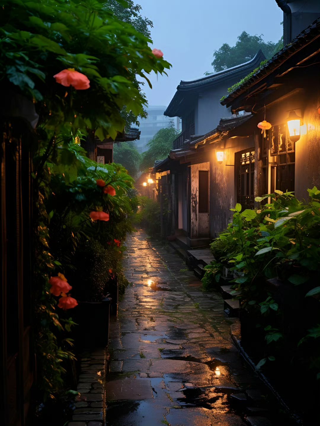 雨中的夜晚,街道上的路灯照亮了积水的路面,倒映出附近建筑和花朵的