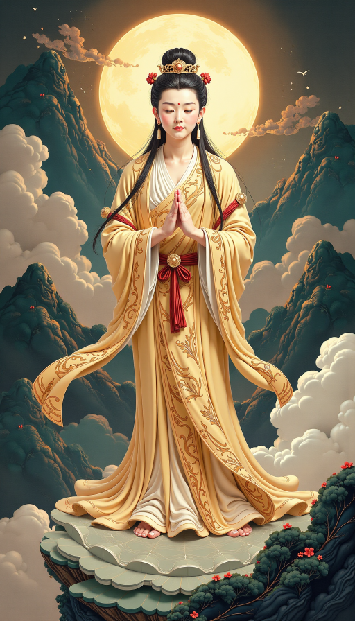 优雅的佛教菩萨,身穿华丽的法衣,面容慈祥,双手合十,周围环绕着祥云和