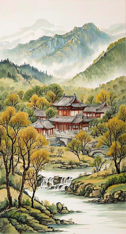 蜿蜒小河穿过翠绿的山丘,水面闪烁着阳光,清晰地映出明亮的天空和白云