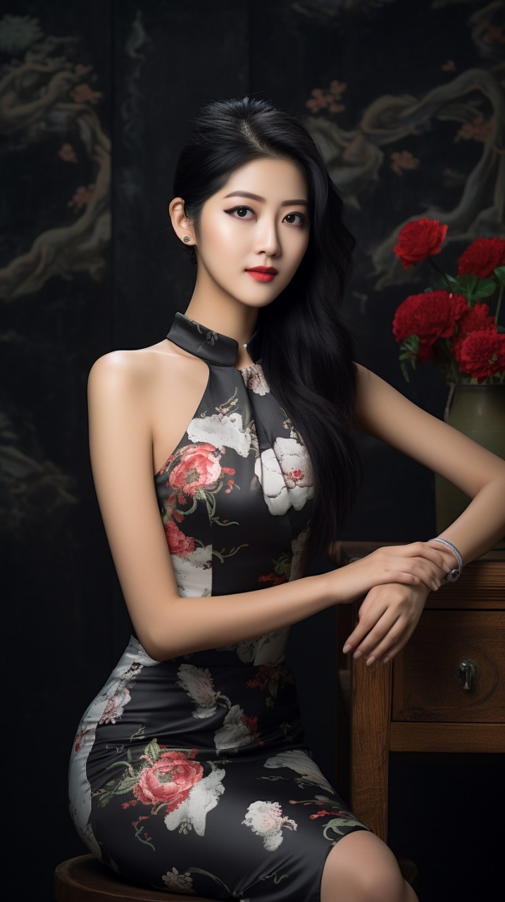 她,一袭黑发,旗袍翩翩.