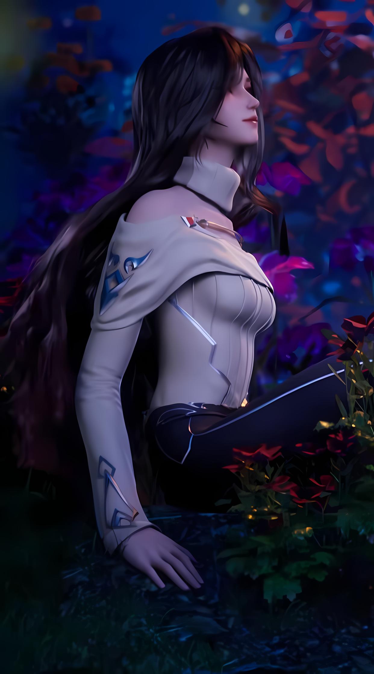 蓝红装饰白衣衫,棕发轻扬映眼前.神秘森林花点缀,红紫相间如梦幻