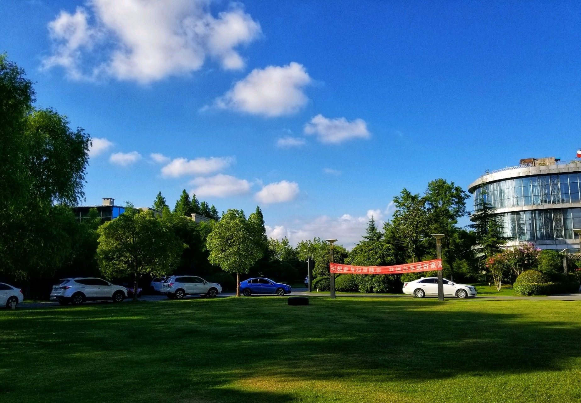 【夏日即景】 晴空万里白云飘,芳草碧水也娇娆.