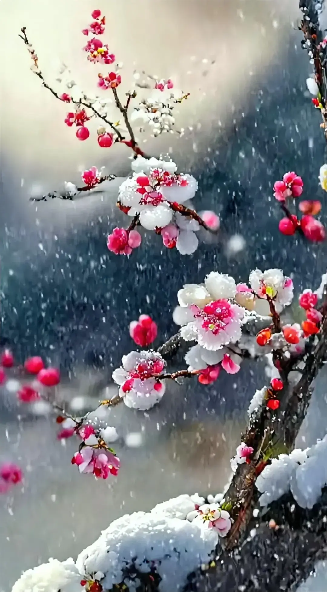 雪恋梅花舞纷纷, 飘飘洒洒落凡尘.