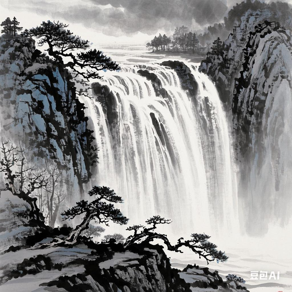 书画艺术欣赏#在静谧的江南水乡,一匹中式奇幻水墨瀑布悠然垂挂,墨色